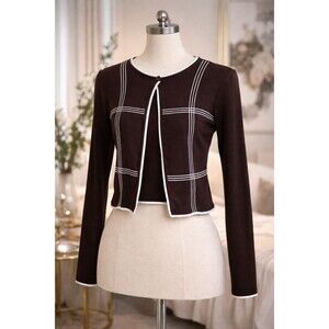 Retro Indie Brown Cardigan M – Y2K Piped Cropped Sweater Finity Preppy Grunge